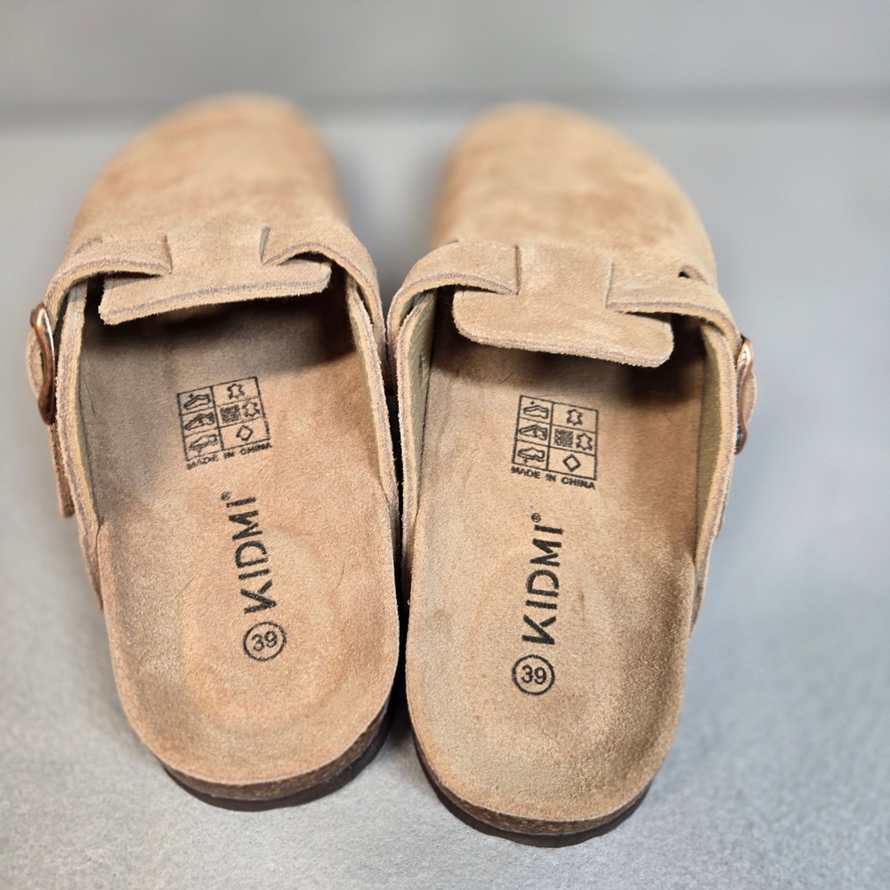 Kidmi Suede Clogs Women 39 Tan Excellent Buckle Strap Cork Footbed Mules (S10)